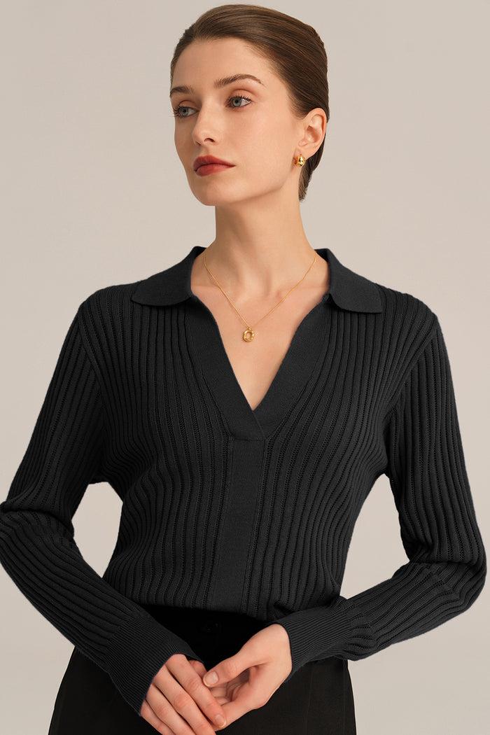 Grace Karin Ribbed V-Neck Long Sleeve Lapel Collar Knitted Tops - Black