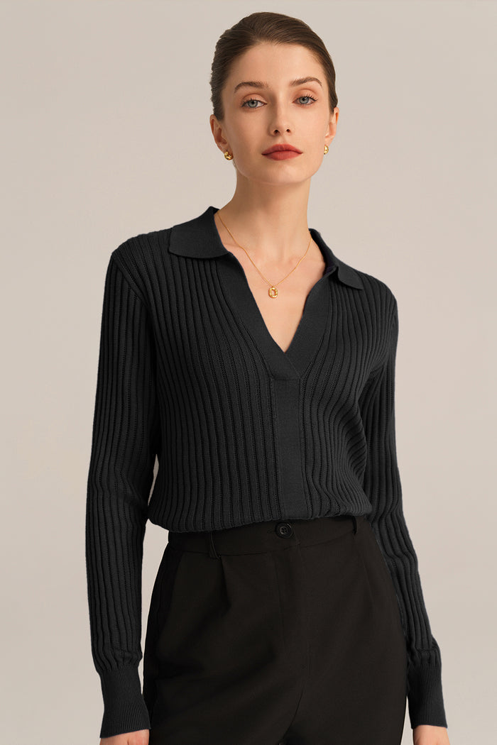grace karin Ribbed V-Neck Long Sleeve Lapel Collar Knitted tops - Black