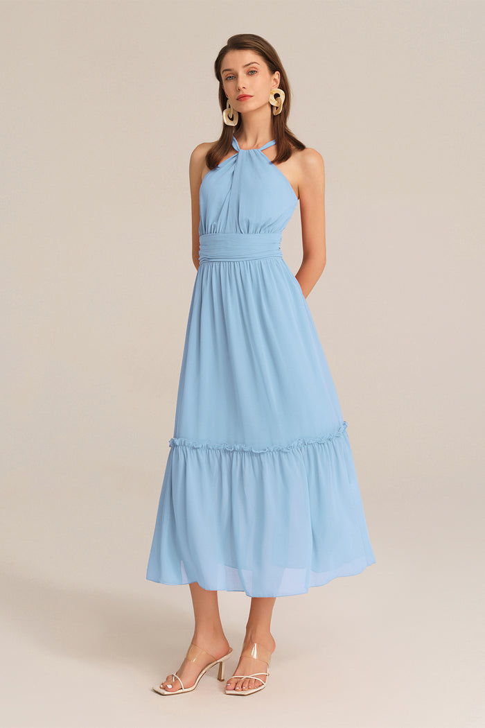 Grace Karin Ruched Halterneck Flared A-Line Dress - Blue