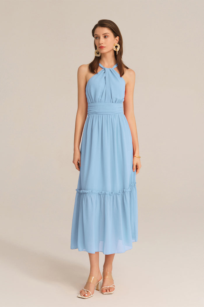Grace Karin Ruched Halterneck Flared A-Line Dress - Blue