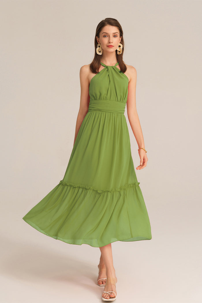 Grace Karin Ruched Halterneck Flared A-Line Dress - Green