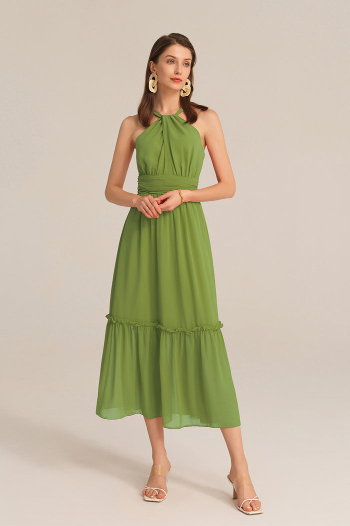 Grace Karin Ruched Halterneck Flared A-Line Dress - Green