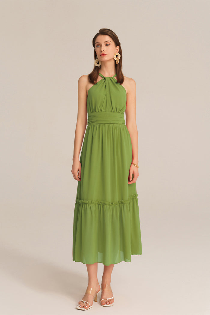 Grace Karin Ruched Halterneck Flared A-Line Dress - Green
