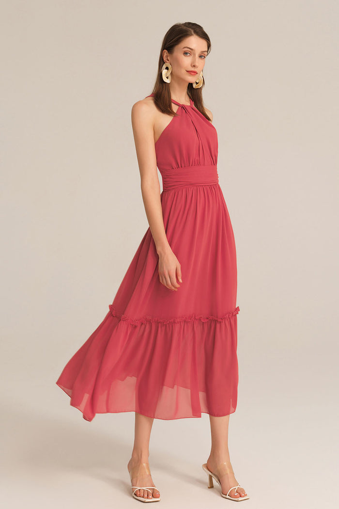 Grace Karin Ruched Halterneck Flared A-Line Dress - Red
