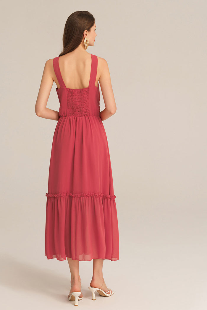 Grace Karin Ruched Halterneck Flared A-Line Dress - Red