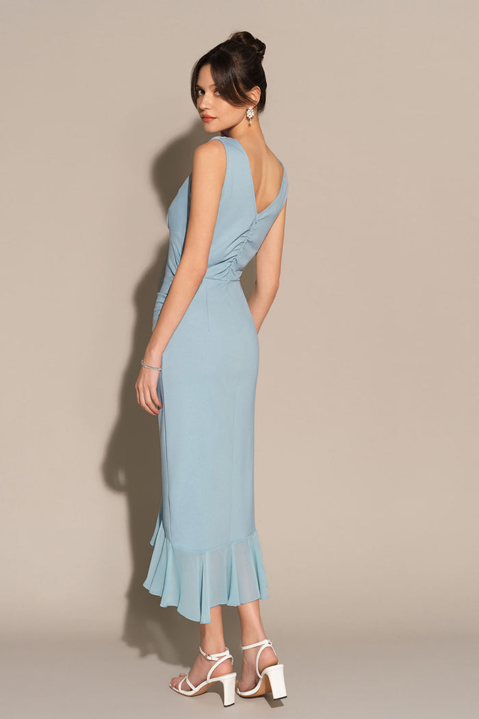 Grace Karin Ruched Sleeveless V-Neck Irregular Hem Bodycon Party Dress - Blue