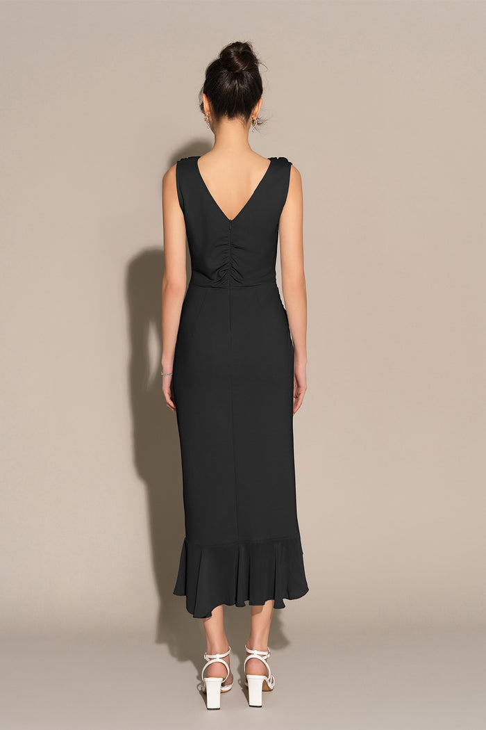Grace Karin Ruched Sleeveless V-Neck Irregular Hem Bodycon Party Dress - Black