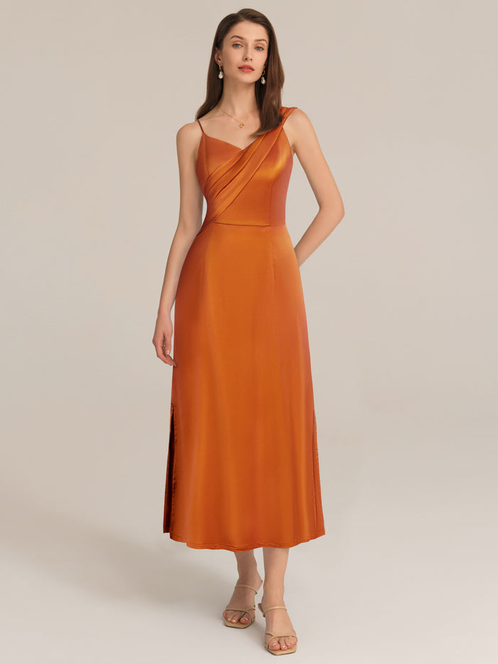 grace karin Satin Side Slit Asymmetric Straps Dress - Orange