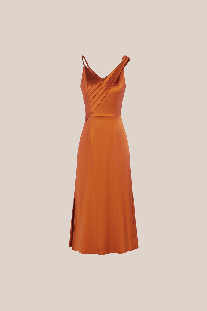 Grace Karin Satin Side Slit Asymmetric Straps Dress - Orange