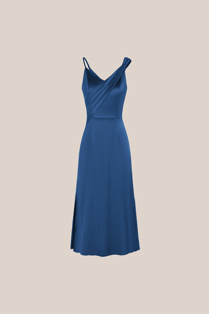 Grace Karin Satin Side Slit Asymmetric Straps Dress - Yale Blue