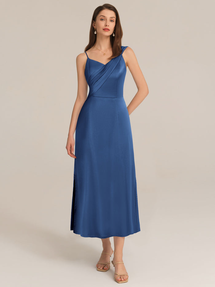 grace karin Satin Side Slit Asymmetric Straps Dress - Yale Blue