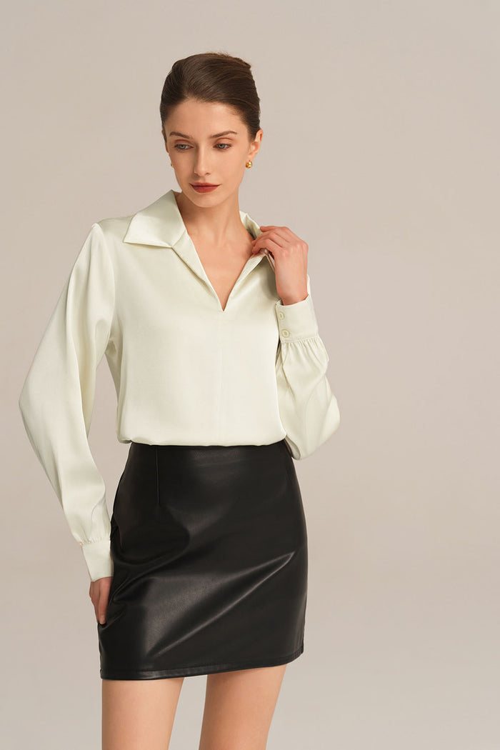 Grace Karin Satin Silk Blouse Loose Fit Comfy Tops - Beige