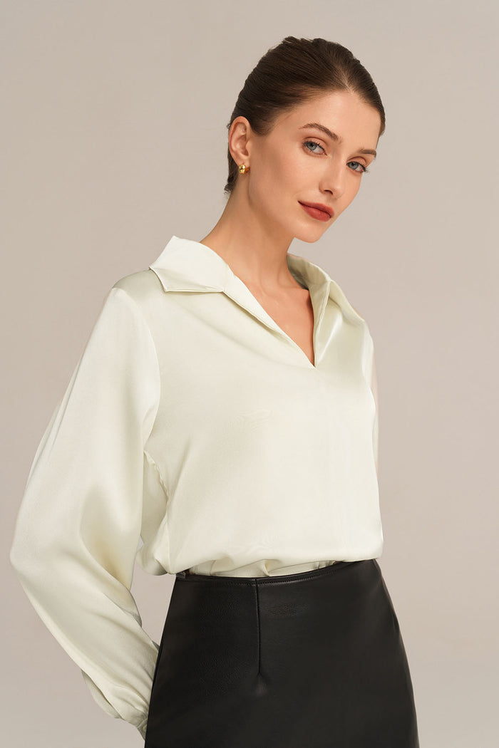 grace karin Satin Silk Blouse Loose Fit Comfy Tops - Beige