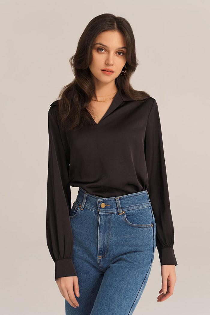 Grace Karin Satin Silk Blouse Loose Fit Comfy Tops - Black
