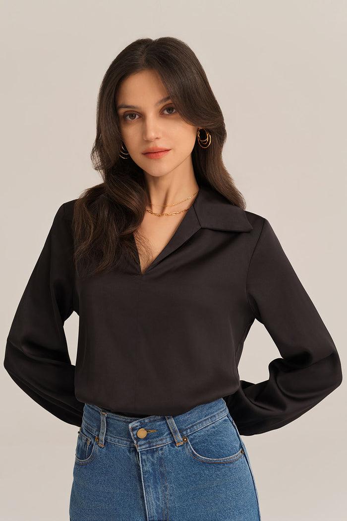 Grace Karin Satin Silk Blouse Loose Fit Comfy Tops - Black