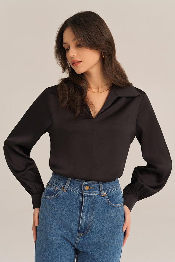 Grace Karin Satin Silk Blouse Loose Fit Comfy Tops - Black
