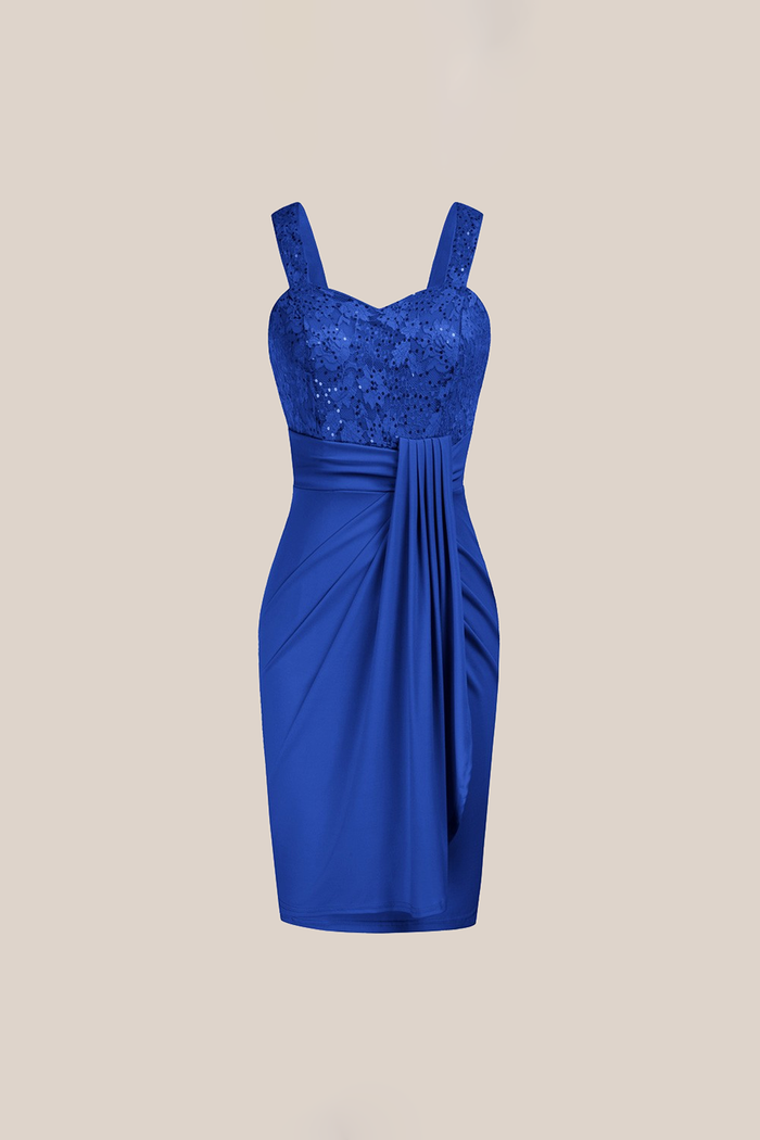 Grace Karin Sequin Lace Stitching Sweetheart Neck Dress - Blue