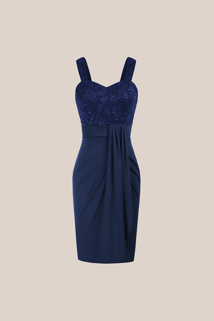 Grace Karin Sequin Lace Stitching Sweetheart Neck Dress - Navy Blue