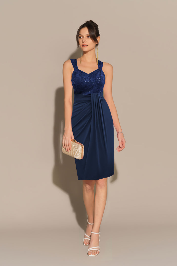 grace karin Sequin Lace Stitching Sweetheart Neck Dress - Navy Blue