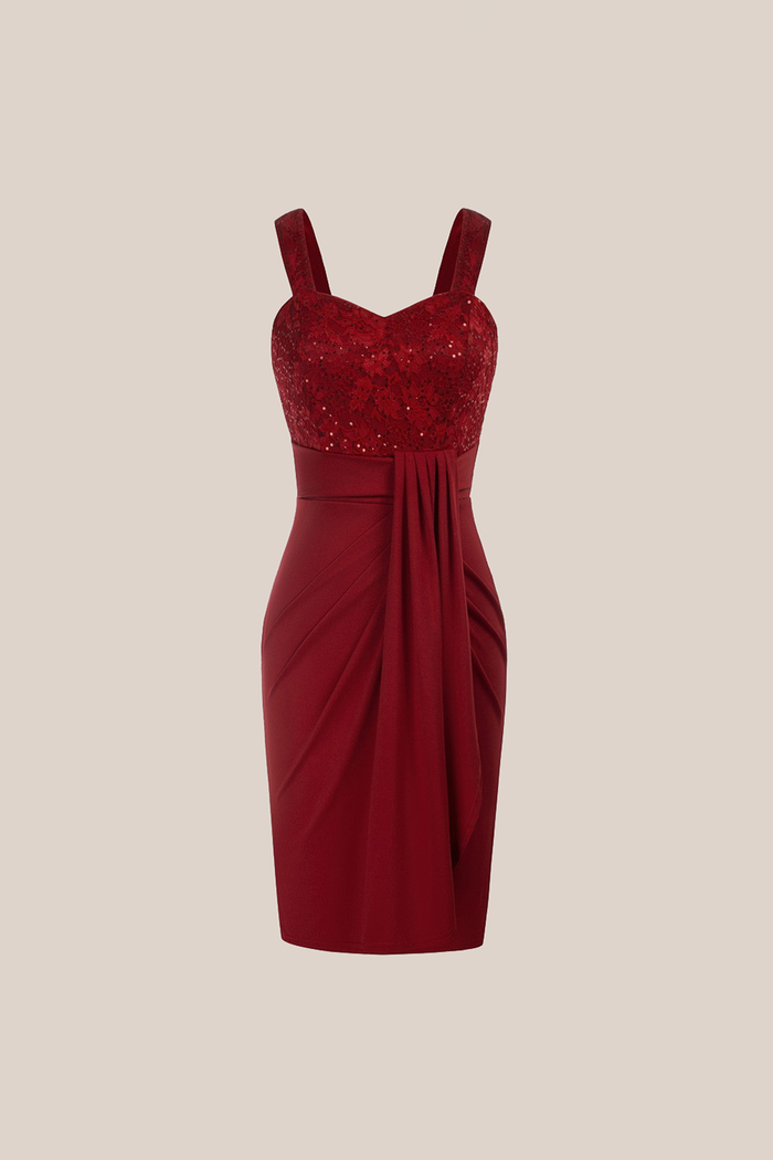 Grace Karin Sequin Lace Stitching Sweetheart Neck Dress - Red