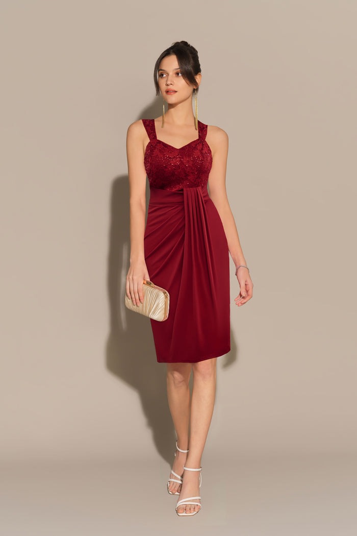 grace karin Sequin Lace Stitching Sweetheart Neck Dress - Red