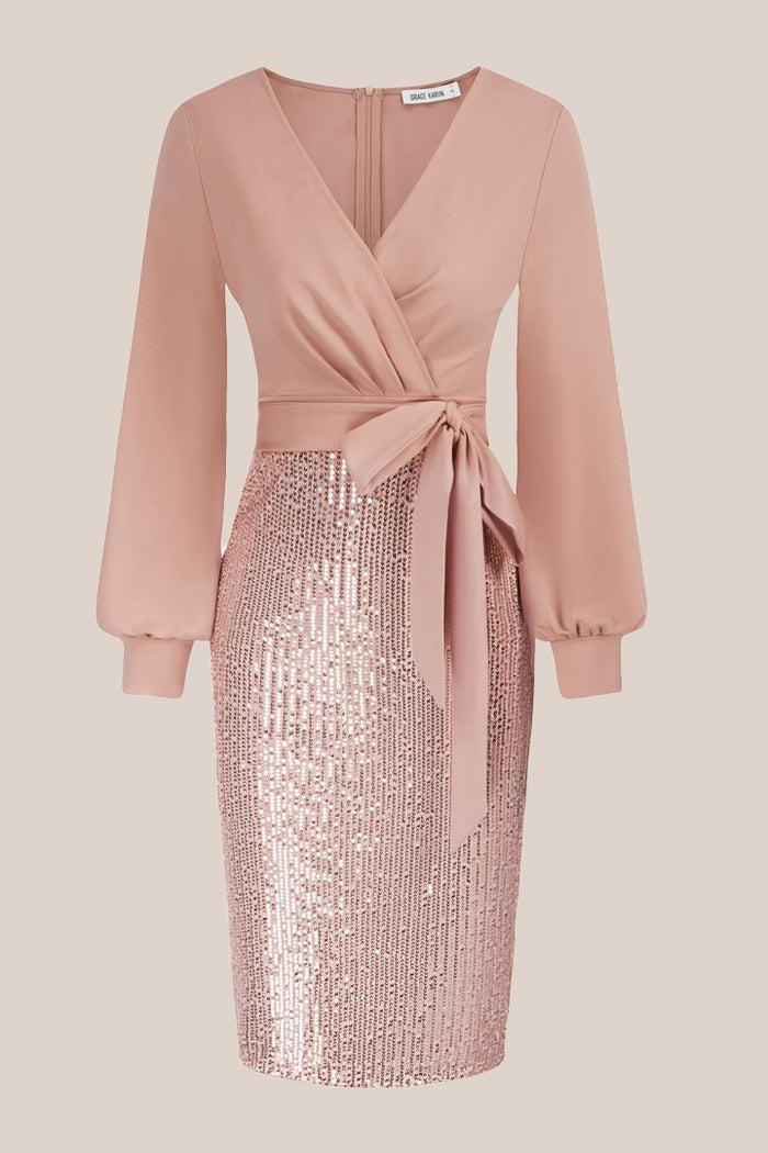 grace karin Sequin Long Sleeve Elegant Cocktail Party Dresses - Pink