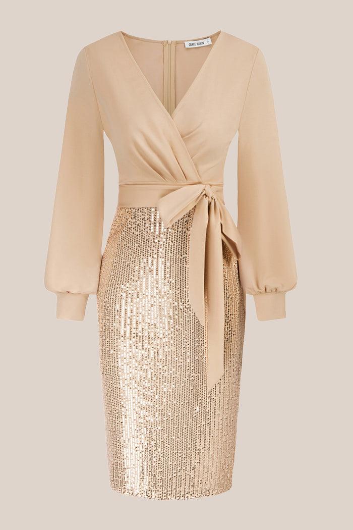 grace karin Sequin Long Sleeve Elegant Cocktail Party Dresses - Cold
