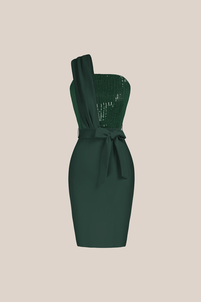 Grace Karin Sequin Patchwork Contrast One-Shoulder Party Dress