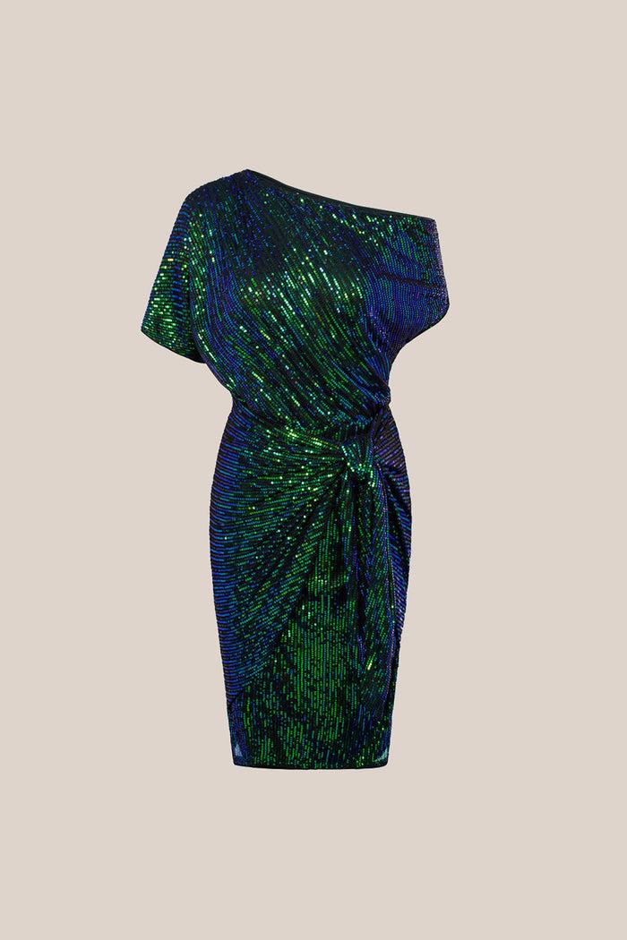 Grace Karin Sequined Asymmetric Off Shoulder Bodycon Party Midi Dress - Green
