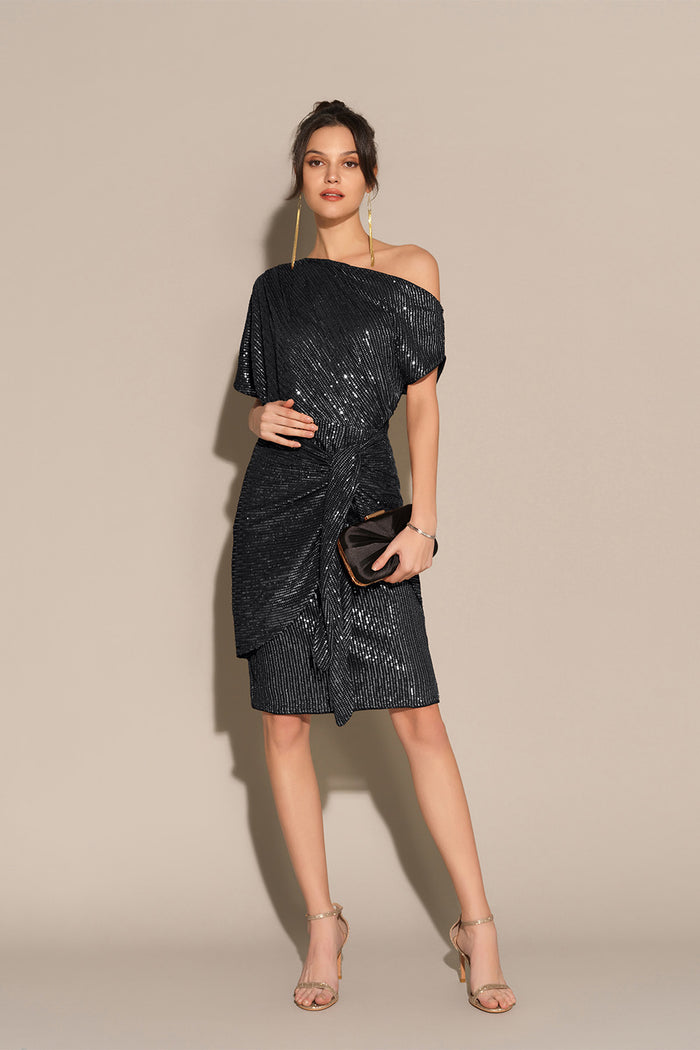 Grace Karin Sequined Asymmetric Off Shoulder Bodycon Party Midi Dress - Black