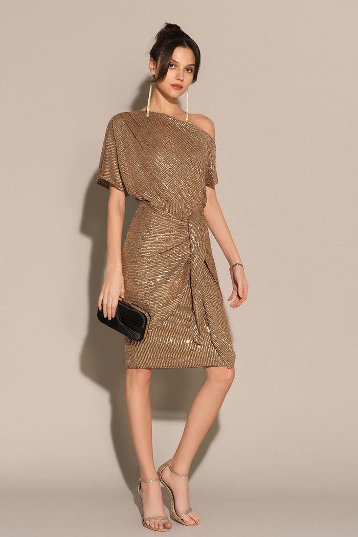 Grace Karin Sequined Asymmetric Off Shoulder Bodycon Party Midi Dress - Brown