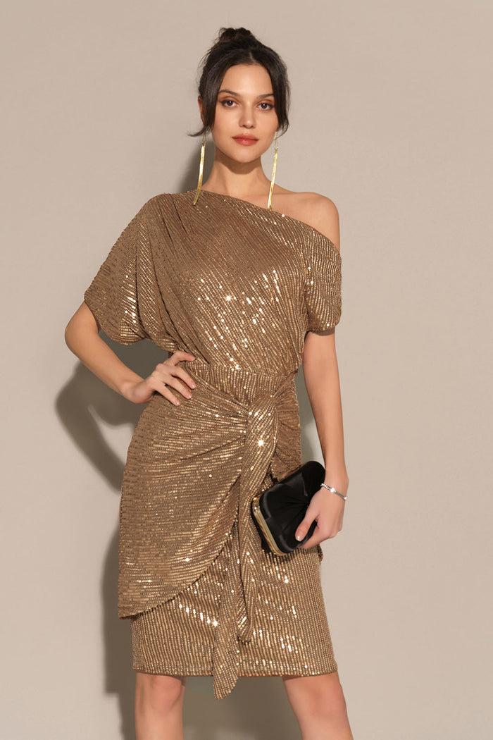 Grace Karin Sequined Asymmetric Off Shoulder Bodycon Party Midi Dress - Brown