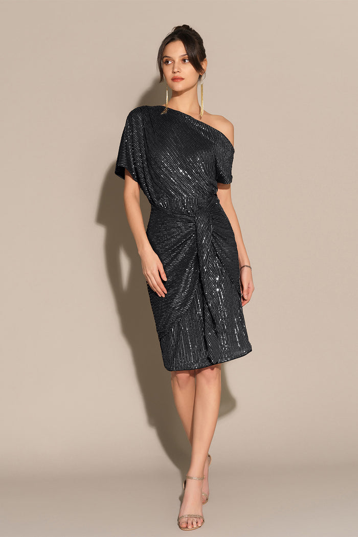 Grace Karin Sequined Asymmetric Off Shoulder Bodycon Party Midi Dress - Black