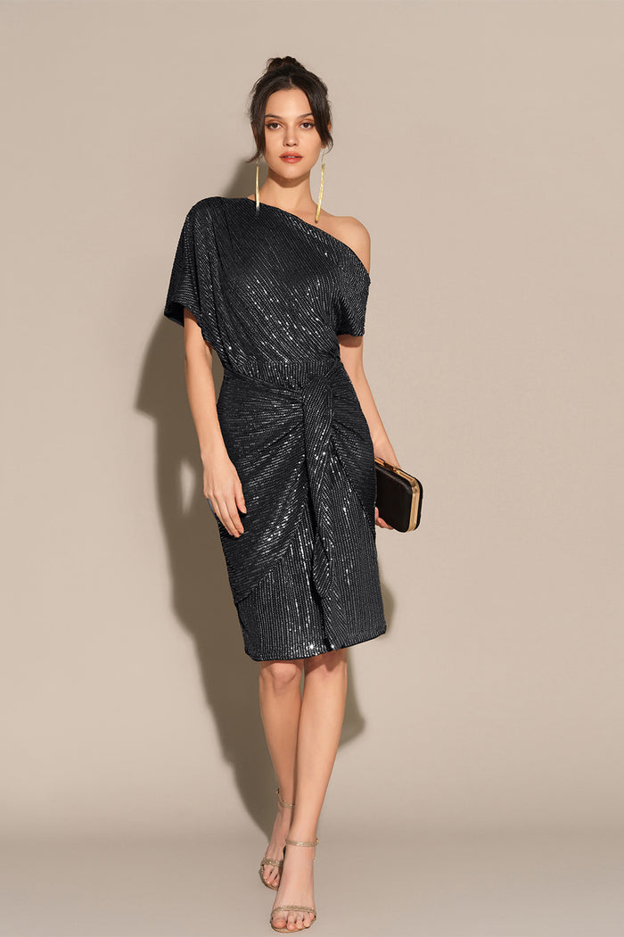 grace karin Sequined Asymmetric Off Shoulder Bodycon Party Midi Dress - Black