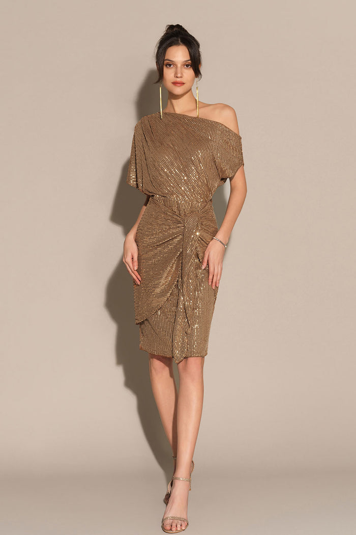 Grace Karin Sequined Asymmetric Off Shoulder Bodycon Party Midi Dress - Brown