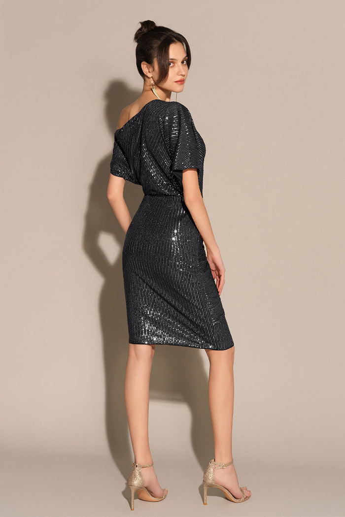 Grace Karin Sequined Asymmetric Off Shoulder Bodycon Party Midi Dress - Black