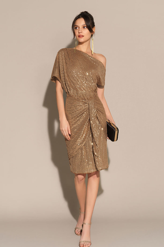 grace karin Sequined Asymmetric Off Shoulder Bodycon Party Midi Dress - Brown