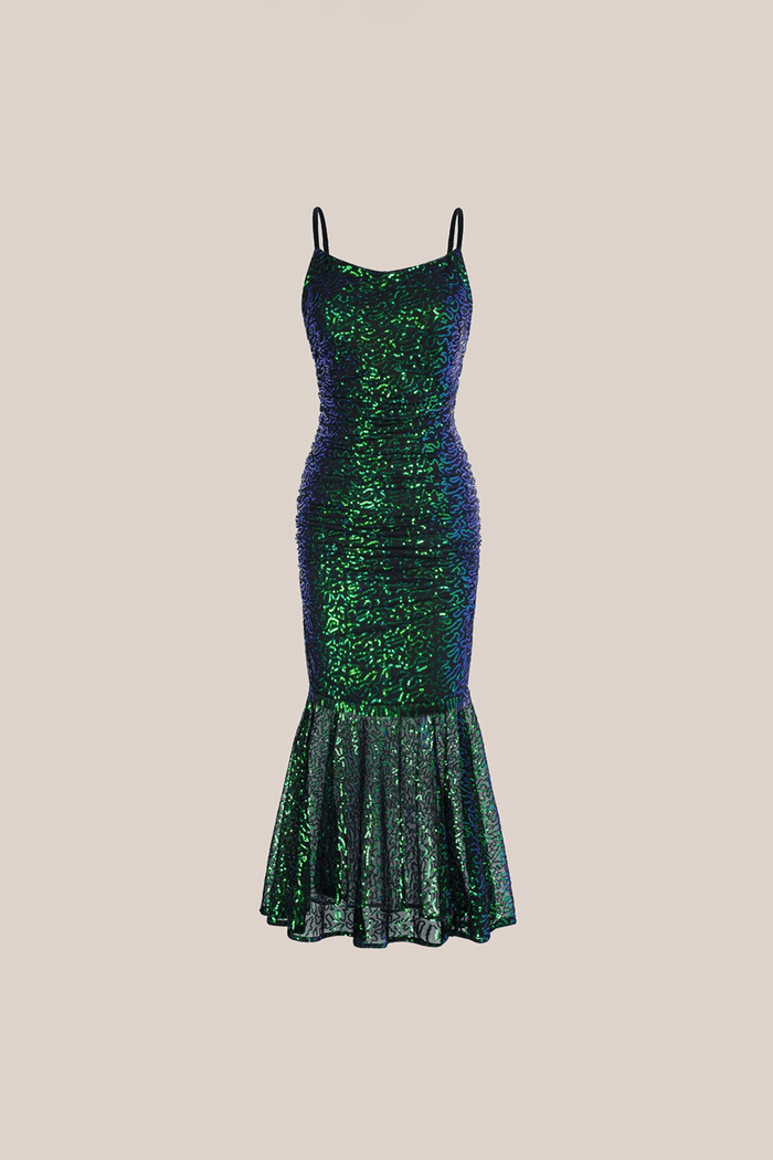 Grace Karin Sequined Mermaid Hem Ruched Bodycon Party Cami-Dress - Green