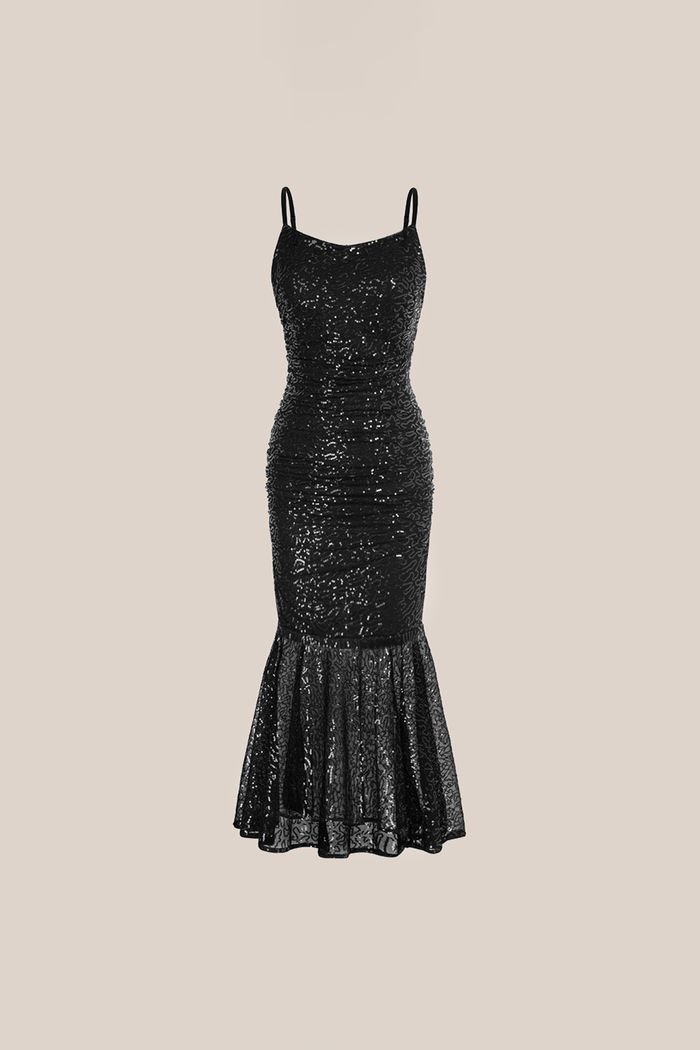 Grace Karin Sequined Mermaid Hem Ruched Bodycon Party Cami-Dress - Black