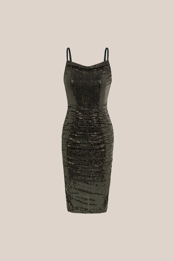 Grace Karin Sequined Spaghetti Straps Cowl Neck Ruched Bodycon Party Dress - Black