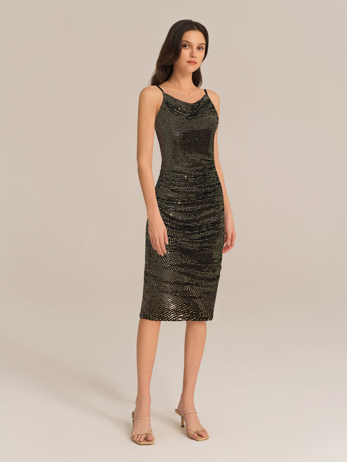 grace karin Sequined Spaghetti Straps Cowl Neck Ruched Bodycon Party Dress - Black