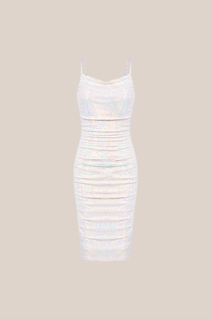 Grace Karin Sequined Spaghetti Straps Cowl Neck Ruched Bodycon Party Dress - White