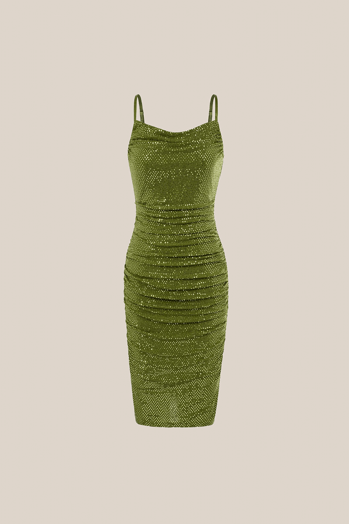 Grace Karin Sequined Spaghetti Straps Cowl Neck Ruched Bodycon Party Dress - Green