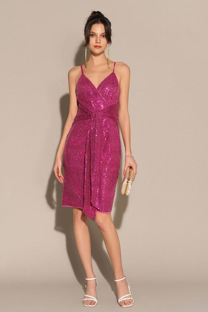 Grace Karin Sequined Spaghetti Straps V-Neck Bodycon Party Dress - Pink