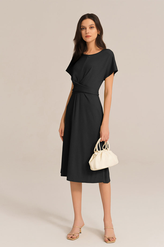 Grace Karin Short Sleeve Round Neck Belted A-Line Dress - Black
