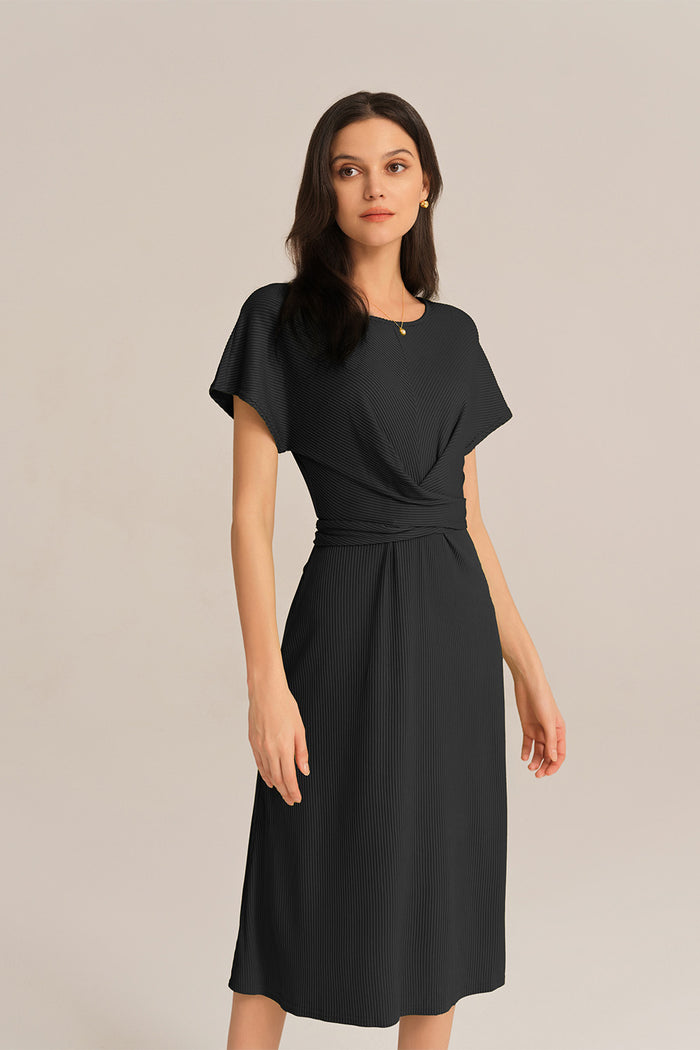 Grace Karin Short Sleeve Round Neck Belted A-Line Dress - Black