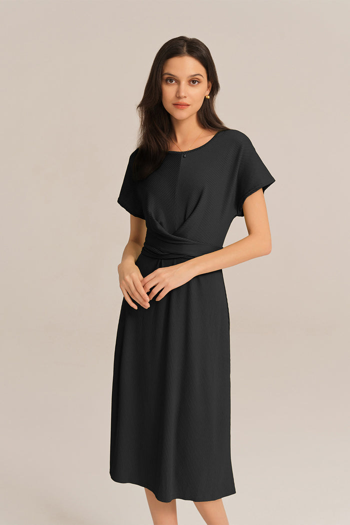 Grace Karin Short Sleeve Round Neck Belted A-Line Dress - Black