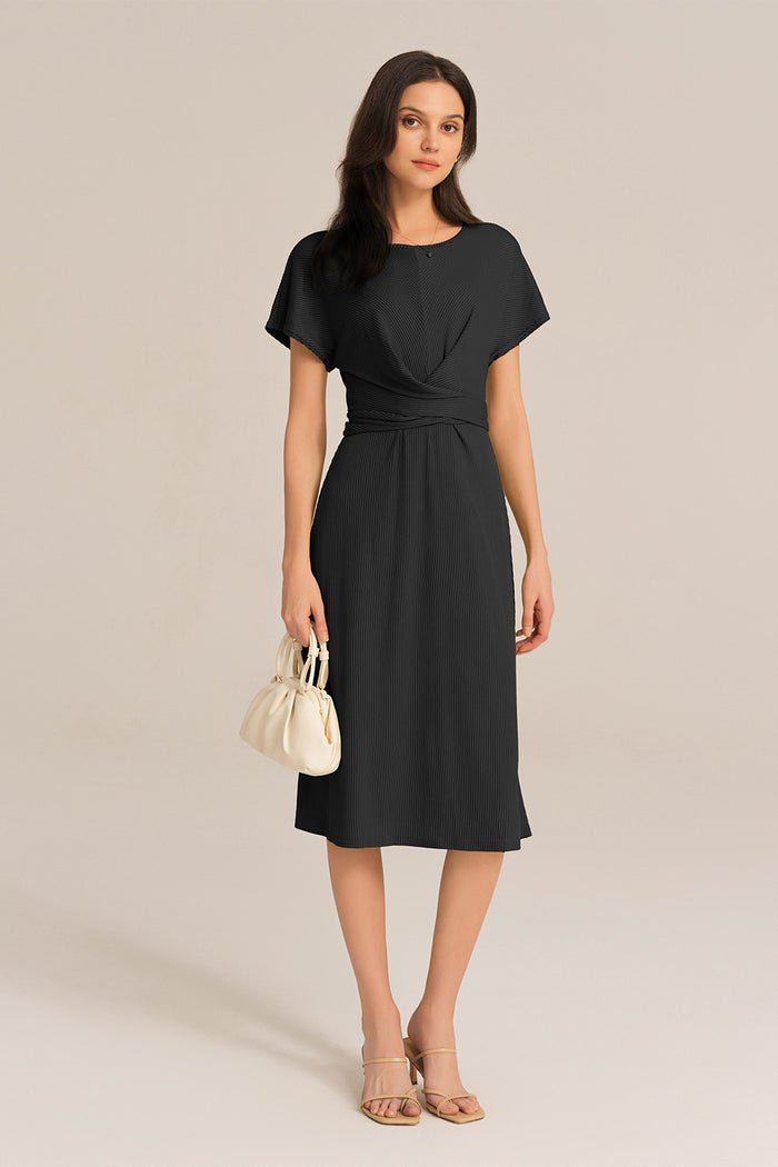 grace karin Short Sleeve Round Neck Belted A-Line Dress - Black