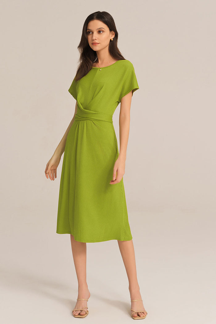 Grace Karin Short Sleeve Round Neck Belted A-Line Dress - Green