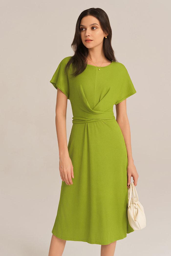 Grace Karin Short Sleeve Round Neck Belted A-Line Dress - Green